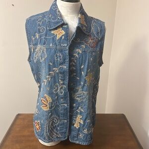 Chico's denim embroidered and beaded vest, size L